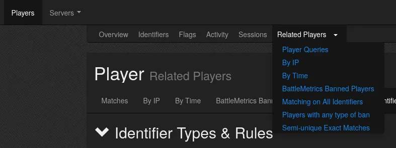 Screenshot of the related players dropdown